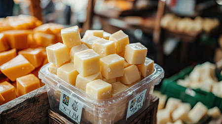 A plastic package of cheese cubes with branding and price tag visible, placed on a rustic market stallの素材