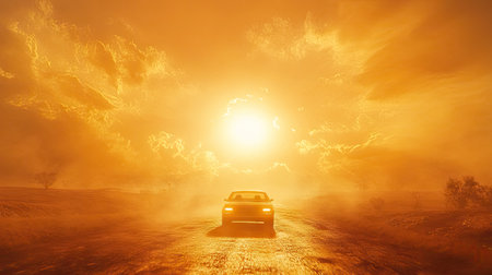 A road trip scene with a car driving into a golden horizon, surrounded by intense sun flares.の素材