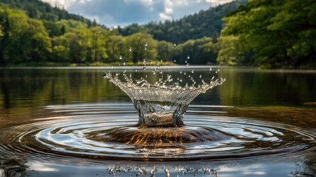 A perfect water crown splash captured at the moment of impact, ripples expanding outward.の素材