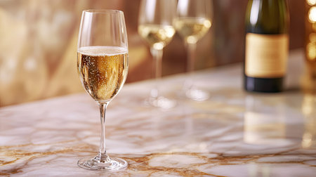 A sparkling wine glass surrounded by other wine types on a marble table with a luxurious vibeの素材