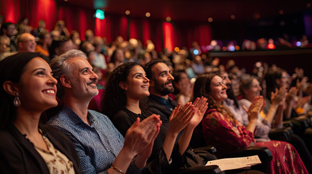 A standing ovation captured from the back of a theater audience, hands clapping enthusiasticallyの素材