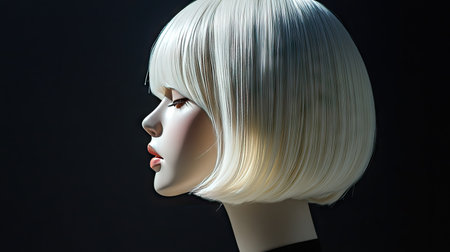 A side view of a white mannequin head wearing a short bob wig with sleek bangs in platinum blonde.の素材