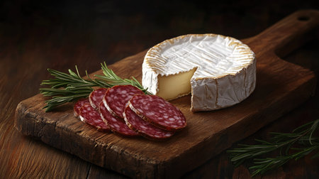 A rustic presentation of thinly sliced salami and a wheel of camembert cheese on a wooden chopping board.の素材