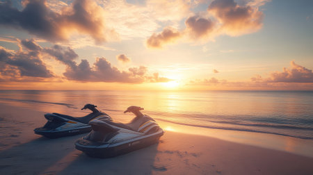 A sunrise shot of jet skis ready for adventure, parked on a quiet sandy beach.の素材