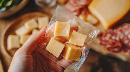 A person holding a pack of cheese cubes in plastic wrapping, with a charcuterie board in the backgroundの素材
