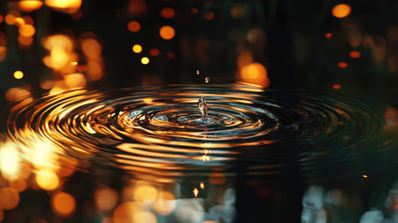 A reflective water surface with ripples from a single drop, surrounded by serene lighting.の素材
