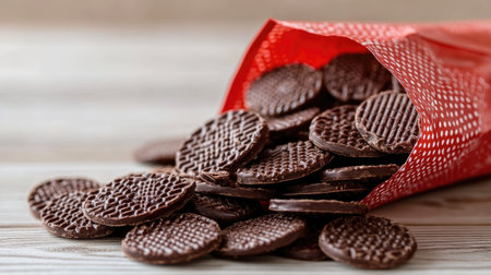 A pile of chocolate wafers spilling out of a bright snack bag onto a wooden table.の素材
