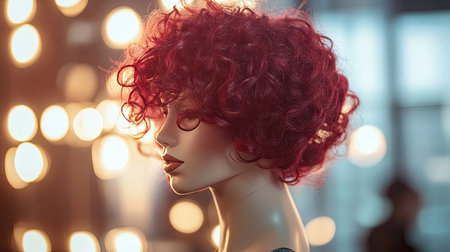 A short curly wig in dark red on a mannequin head, positioned under warm studio lights.の素材