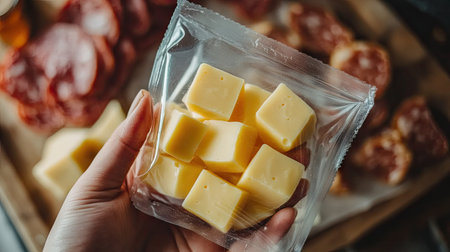 A person holding a pack of cheese cubes in plastic wrapping, with a charcuterie board in the backgroundの素材