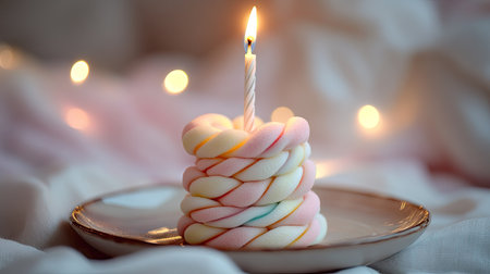 A stack of twisted marshmallows on a plate with a lit birthday candle on top, celebrating sweetness.の素材