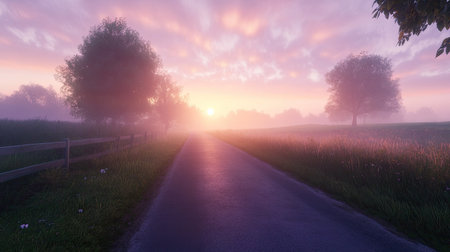 A quiet countryside road at dawn, with the sun rising and casting magical flares over the scene.の素材