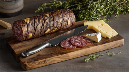 A rustic cutting board with a whole salami log, cheese wedges, and a slicing knife.の素材