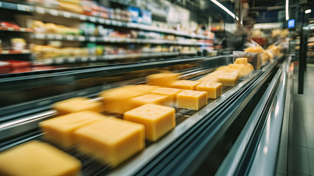 A supermarket checkout conveyor belt featuring cheese cube packs along with other grocery itemsの素材