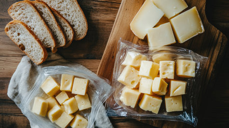 A top view of opened plastic packs of cheese cubes, placed next to a chopping board with sliced breadの素材