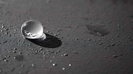 A single water drop bouncing off a water-repellent surface, with perfect clarity.の素材