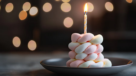 A stack of twisted marshmallows on a plate with a lit birthday candle on top, celebrating sweetness.の素材