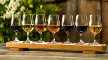 A wine flight featuring glasses of various wines with tasting cards on a wooden board in an elegant settingの素材