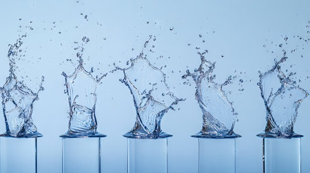 A series of water splashes captured at different stages of motion against a light blue background.の素材