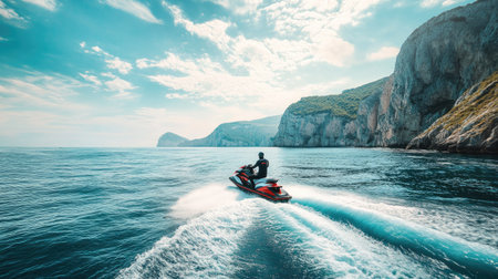 A solo rider on a jet ski navigating through gentle ocean waves with dramatic coastal cliffs nearby.の素材