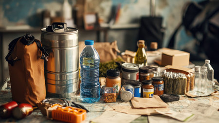 A survival kit arrangement featuring canned food, bottled water, and other essentials on a tableの素材