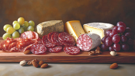A vibrant arrangement of salami and different cheese types on a wooden chopping board, with grapes and nuts.の素材