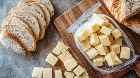 A top view of opened plastic packs of cheese cubes, placed next to a chopping board with sliced breadの素材