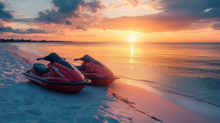 A sunrise shot of jet skis ready for adventure, parked on a quiet sandy beach.の素材