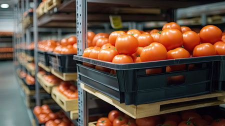 Plastic trays stacked with tomatoes on rolling carts in a food storage warehouse under soft lightingの素材