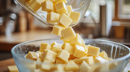 Opened plastic pack of cheese cubes being poured into a mixing bowl on a kitchen counterの素材