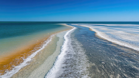 A vibrant jet ski trail creating white foam patterns in a deep blue sea under a cloudless sky.の素材