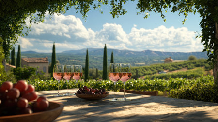 A vineyard patio setup with glasses of wine reflecting the lush greenery and open skyの素材