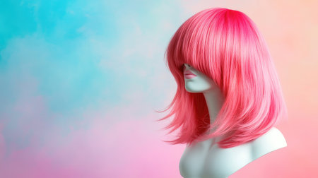 A vibrant pink wig styled into a layered cut, displayed on a white mannequin head with a gradient backdrop.の素材
