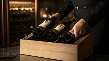 A sommelier carefully unpacking wine bottles from a luxury wooden gift box in a tasting roomの素材