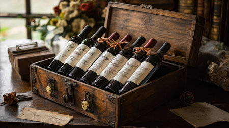 A wooden box of wine bottles presented as a gift, tied with a ribbon and accompanied by a handwritten noteの素材