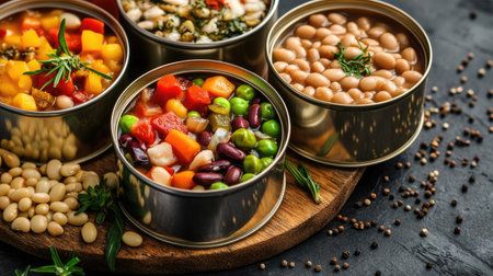 Open cans of beans, mixed vegetables, and fish, displayed on a cutting board with herbs and spices for meal prepの素材