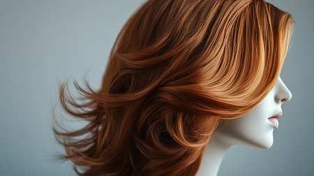 A wavy auburn wig on a white mannequin head, positioned artistically with soft lighting.の素材