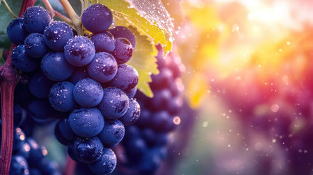 A vineyard at sunrise, with soft sun flares highlighting dewy grape leaves.の素材