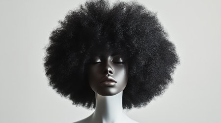 A textured afro wig on a white mannequin head, highlighted against a plain white background.の素材