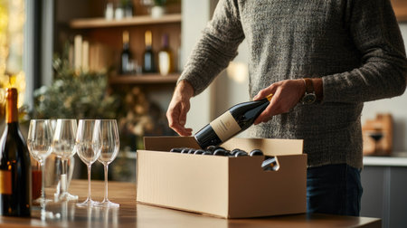 A wine enthusiast opening a delivery box of exclusive wines at home, surrounded by glasswareの素材