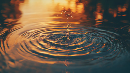 A water splash creating concentric ripples on a calm surface, illuminated by soft natural light.の素材
