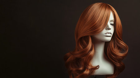 A wavy auburn wig on a white mannequin head, positioned artistically with soft lighting.の素材