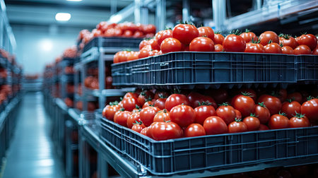 Plastic trays stacked with tomatoes on rolling carts in a food storage warehouse under soft lightingの素材