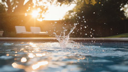 A wide-angle shot of water splashing into a pool, with sunlight refracting through droplets.の素材