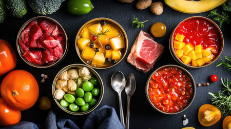 Open cans of fruits, vegetables, and meat neatly placed on a dining table with spoons and napkinsの素材