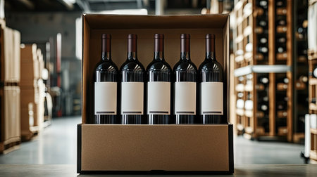 Open wine box displaying six elegant bottles with custom labels in a clean, modern warehouseの素材