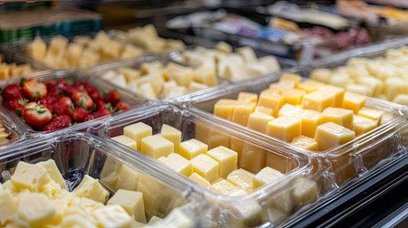 Plastic trays of cheese cubes with tamper-proof seals, neatly arranged in a chilled display caseの素材