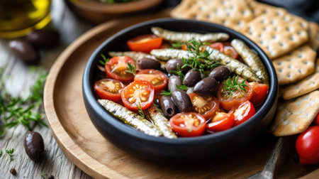 Open canned foods like sardines, olives, and diced tomatoes presented on a serving platter with crackersの素材