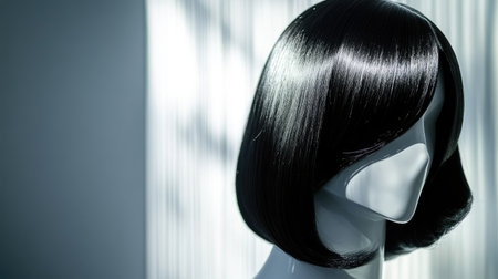 A sleek and shiny jet-black wig on a white mannequin head, reflecting soft studio lights.の素材