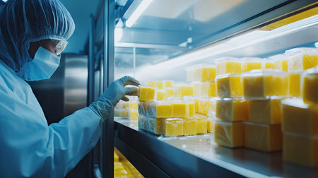 A worker inspecting sealed packs of cheese cubes in a refrigerated storage area at a food processing plantの素材