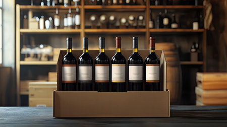Open wine box displaying six elegant bottles with custom labels in a clean, modern warehouseの素材